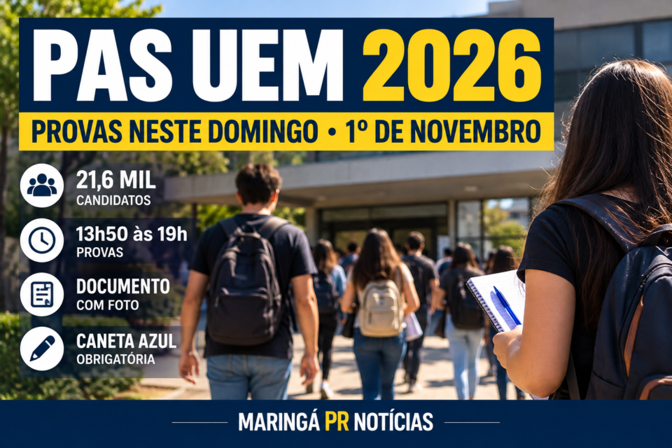 Arte ilustrativa do PAS UEM 2026: provas em 1º de novembro, 21,6 mil candidatos, horários e documentos exigidos