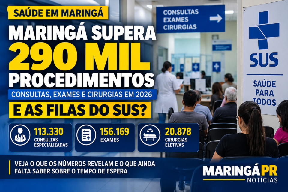 Arte ilustrativa gerada por inteligência artificial sobre consultas, exames e cirurgias do SUS em Maringá em 2026.