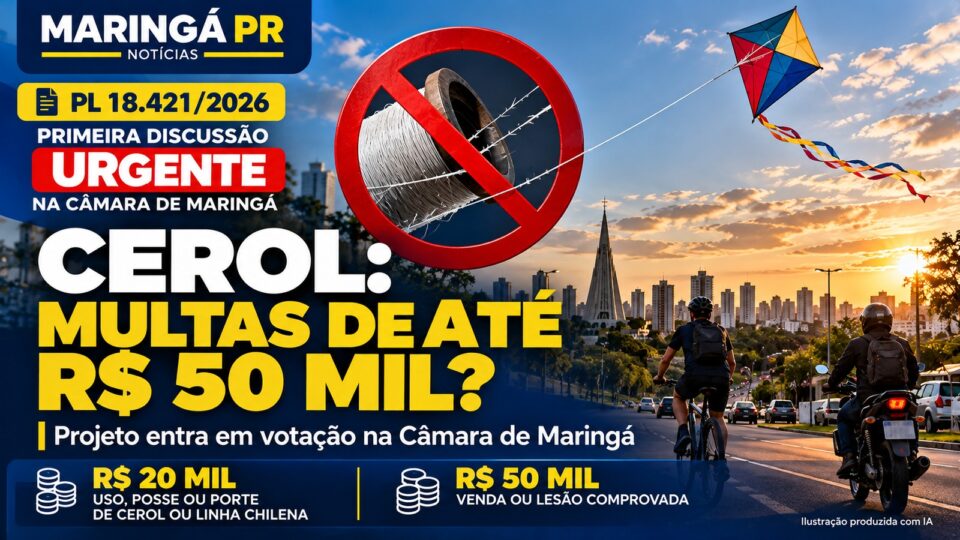 Ilustração editorial produzida com IA para a reportagem sobre o PL 18.421/2026 em Maringá, que propõe multas de R$ 20 mil e R$ 50 mil contra cerol e linha chilena.