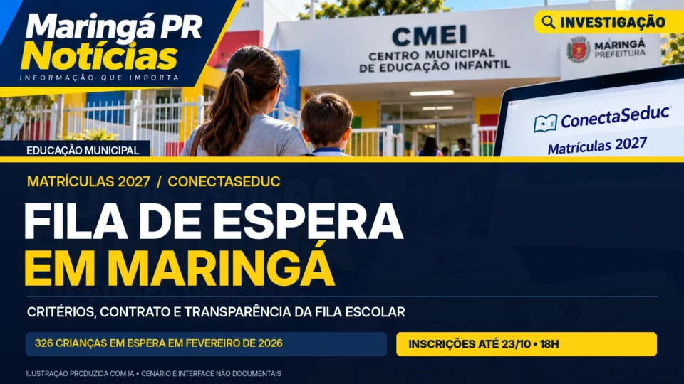 Ilustração produzida com IA sobre a fila de espera em Maringá, matrículas 2027 e o sistema ConectaSeduc; escola e interface são representações ilustrativas.