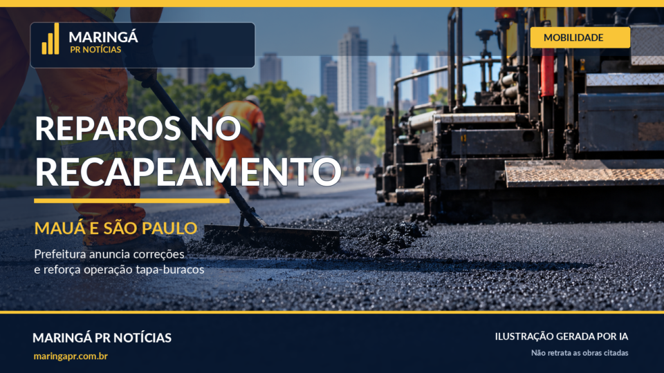 Capa ilustrativa gerada por IA sobre reparos no recapeamento nas avenidas Mauá e São Paulo, em Maringá; obra e trabalhadores fictícios, não retrata os serviços reais.