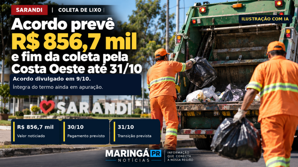 Arte ilustrativa identificada como IA sobre coleta de resíduos em Sarandi e na região de Maringá.