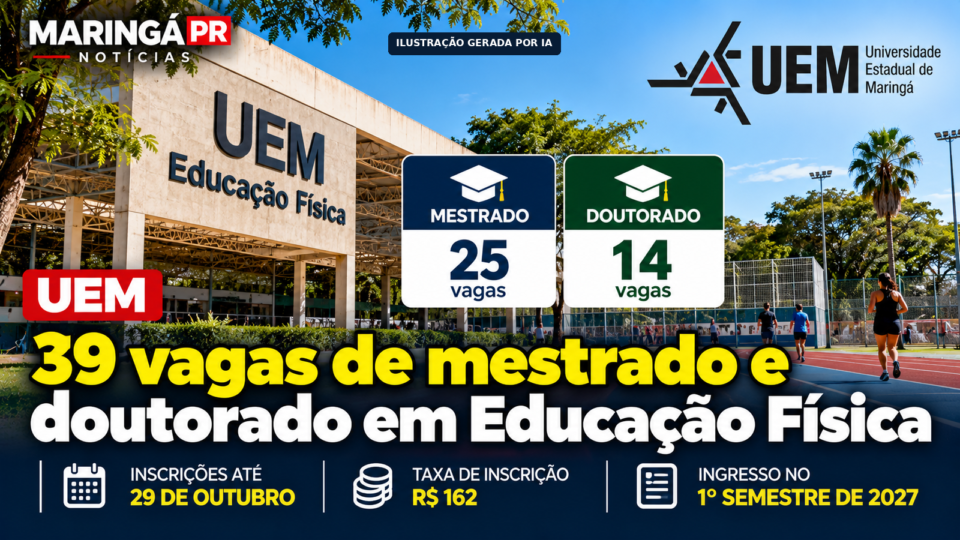 Capa de reportagem sobre 39 vagas em Educação Física na Universidade Estadual de Maringá.