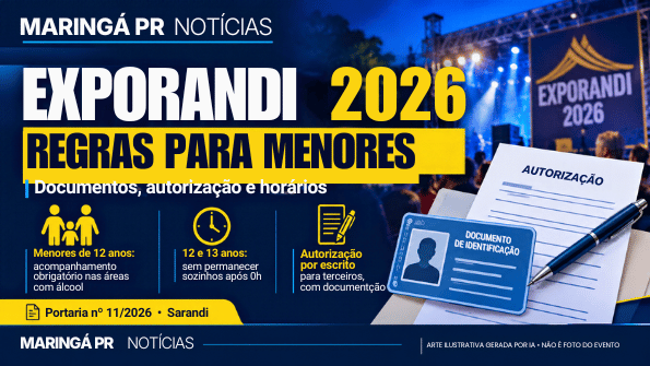 Arte ilustrativa gerada por IA sobre regras para menores na Exporandi 2026, com identidade visual do Maringá PR Notícias; não é fotografia do evento