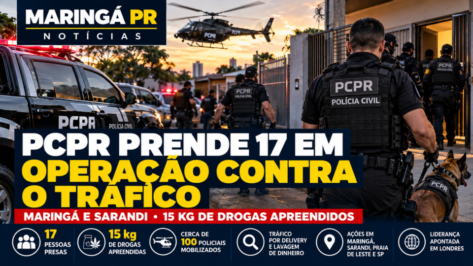 Ilustração produzida com IA de operação policial, com viaturas, agentes, cão e helicóptero; capa da notícia sobre 17 presos pela PCPR em Maringá e Sarandi em 15 de outubro de 2026. Não é foto da operação real.