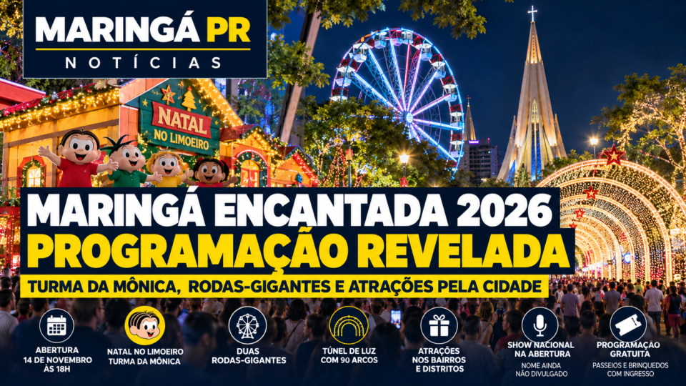 Ilustração criada com inteligência artificial para a Maringá Encantada 2026: Catedral, roda-gigante, Natal no Limoeiro e túnel de luz. Não representa atrações instaladas.