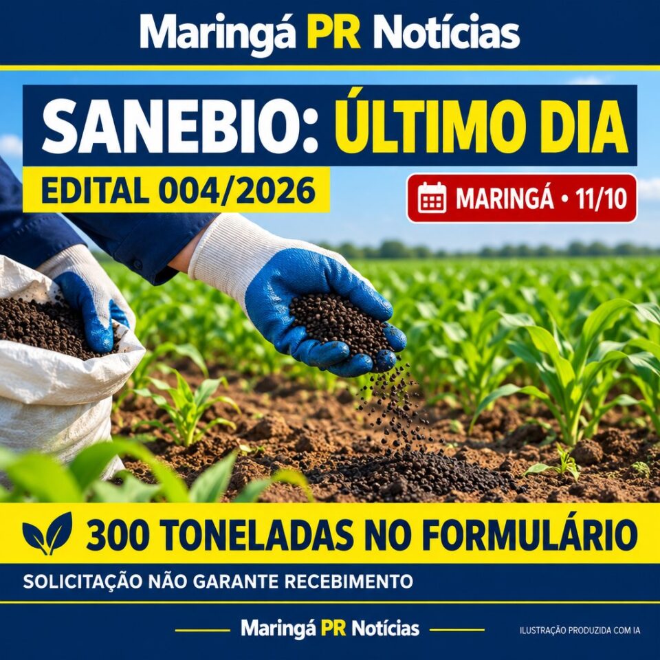 Capa ilustrativa do SaneBio em Maringá: último dia do Edital 004/2026, com 300 toneladas de biossólido agrícola informadas no formulário da Sanepar
