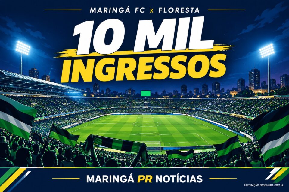 Ilustração produzida com inteligência artificial para Maringá FC x Floresta, jogo decisivo pelo acesso à Série B, com cerca de 10 mil ingressos vendidos.