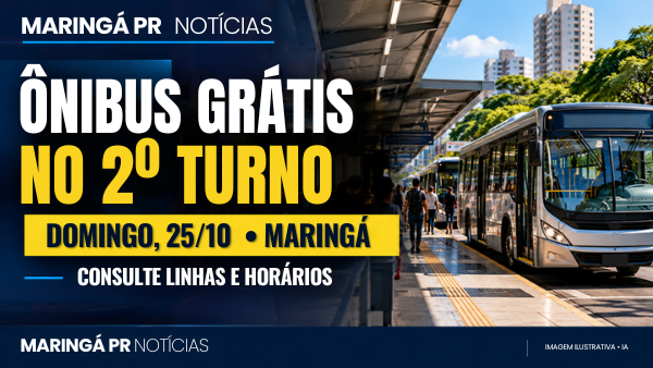 Capa ilustrativa gerada por IA sobre ônibus gratuitos em Maringá no segundo turno, domingo 25 de outubro de 2026, com as cores e marca do portal