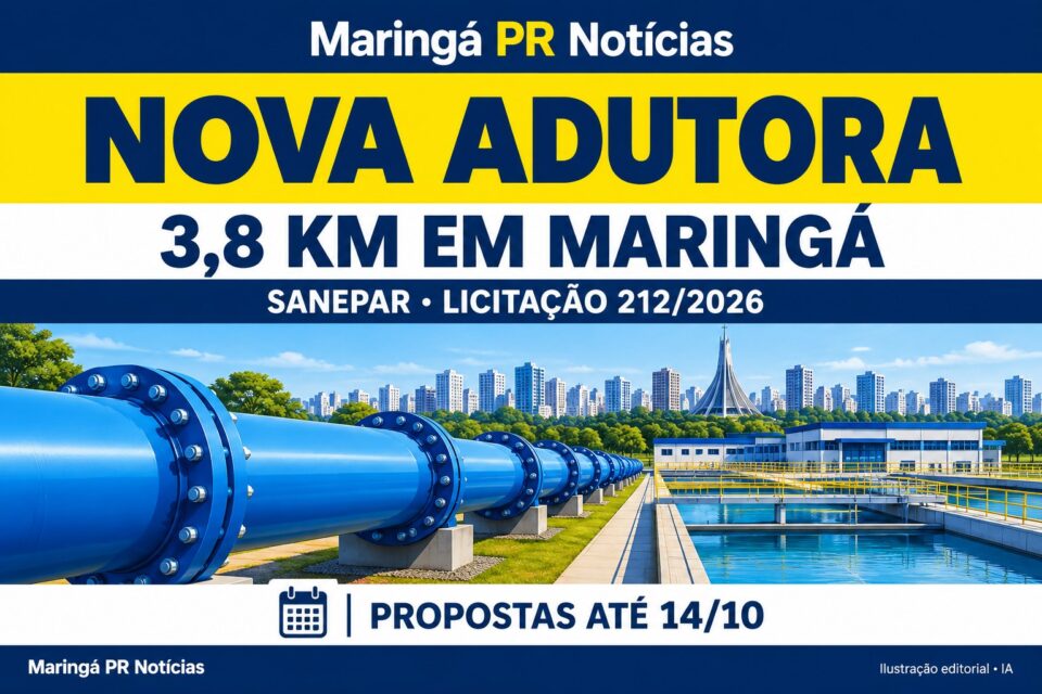 Ilustração editorial da adutora de 3,8 km prevista pela Sanepar em Maringá, Licitação 212/2026, com a identidade visual do Maringá PR Notícias