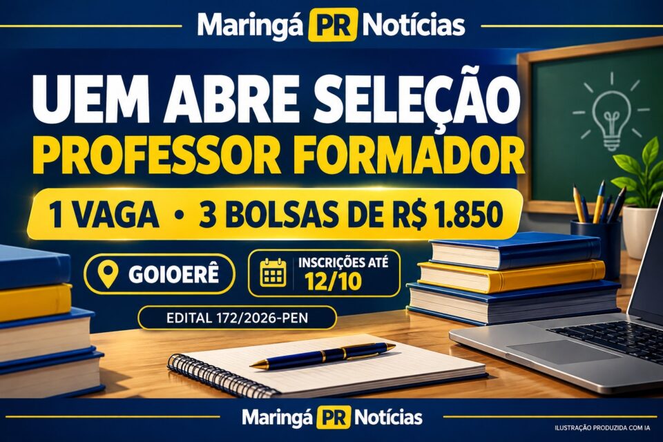 Capa ilustrativa da seleção de professor formador da UEM em Goioerê, com uma vaga e três bolsas de R$ 1.850