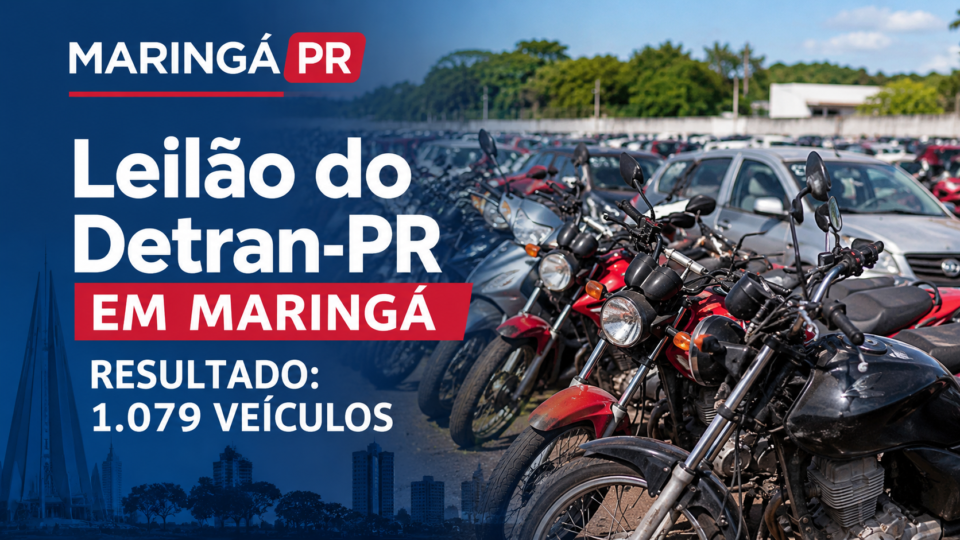 Arte ilustrativa do leilão do Detran-PR em Maringá, com motocicletas e carros em pátio e destaque para 1.079 veículos vendidos.