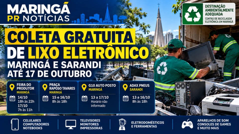 Ilustração gerada por IA de campanha de coleta de lixo eletrônico em Maringá e Sarandi, com indicação dos quatro pontos de entrega, de 13 a 17 de outubro de 2026. Não é fotografia da campanha.